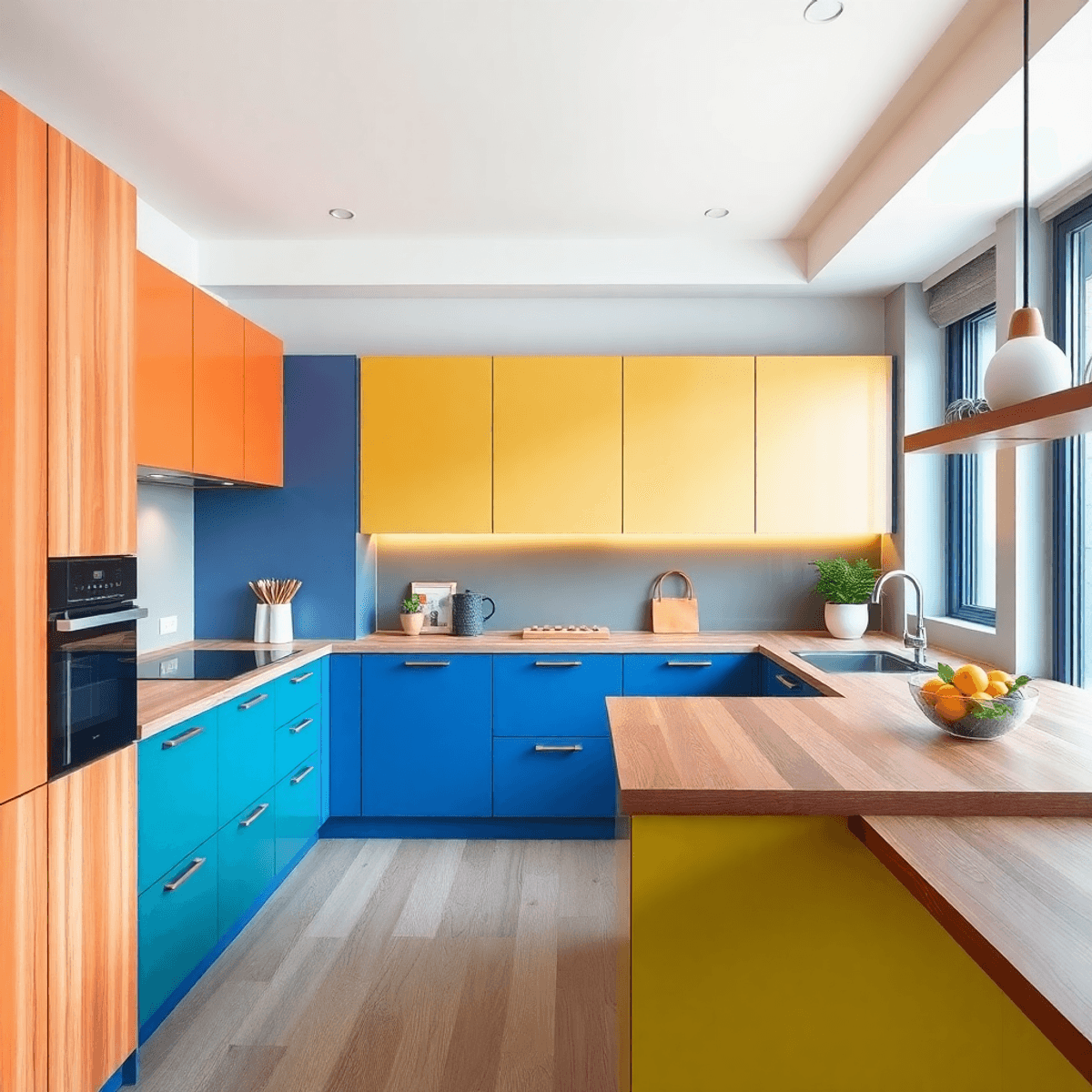 Modern kitchen with bold colorful cabinets, bamboo and recycled wood surfaces, smart appliances, and soft natural lighting in a clean, stylish, eco...